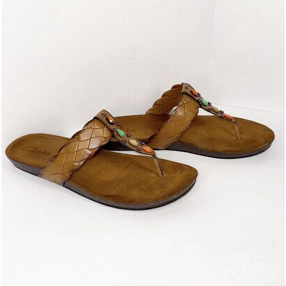 Clarks Thong Sandals Brown Vegan Leather Jewels Boho Western Aztec Coral Braid 8 - Picture 5 of 16